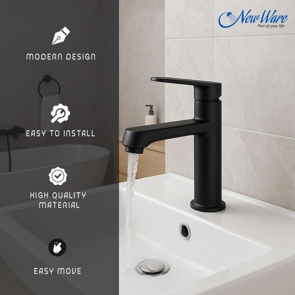 NEW WARE® Black Basin Faucet Tap for Bathroom & Wash Basin | Single Lever Pillar Cock Water Tap | Modern Matte Finish Design | Easy to Install | Durable Bathroom Sink Mixer Tap
