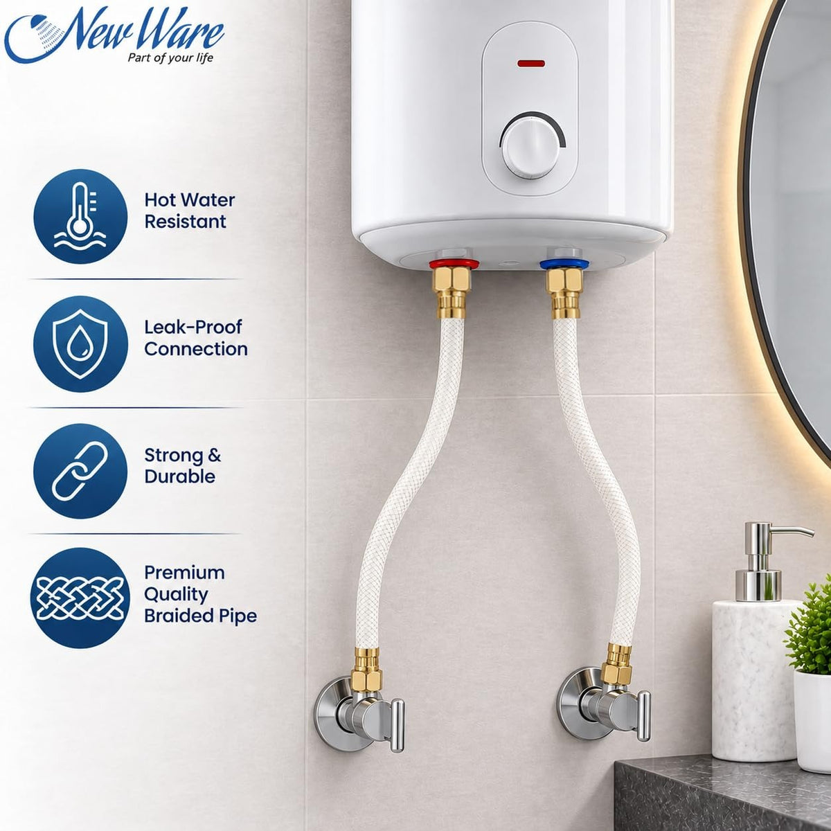 NEW WARE® 36 Inch Shower Tube Connection Pipe for Geysers, Countertop Faucets & Water Taps | Hot Water CNP with Brass Nut | Flexible Water Connection Hose for Bathroom, Kitchen & Home Plumbing