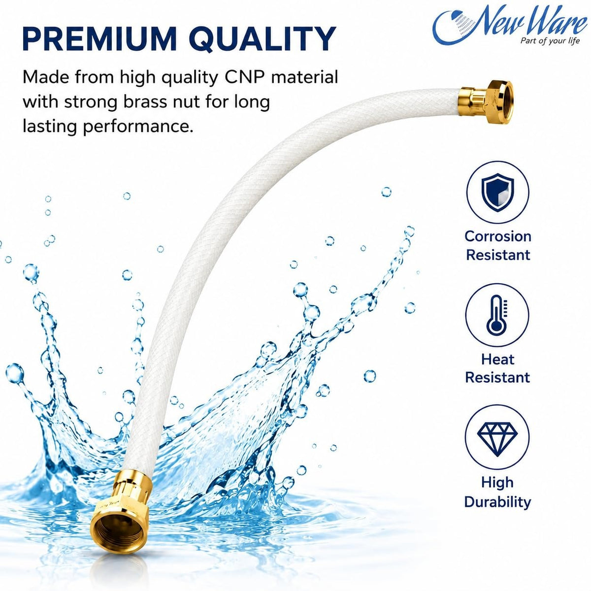 NEW WARE® 36 Inch Shower Tube Connection Pipe for Geysers, Countertop Faucets & Water Taps | Hot Water CNP with Brass Nut | Flexible Water Connection Hose for Bathroom, Kitchen & Home Plumbing