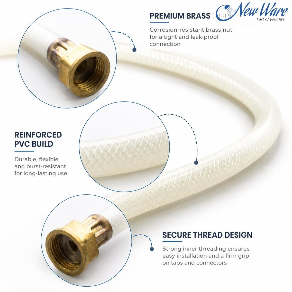 NEW WARE® 36 Inch Shower Tube Connection Pipe for Geysers, Countertop Faucets & Water Taps | Hot Water CNP with Brass Nut | Flexible Water Connection Hose for Bathroom, Kitchen & Home Plumbing