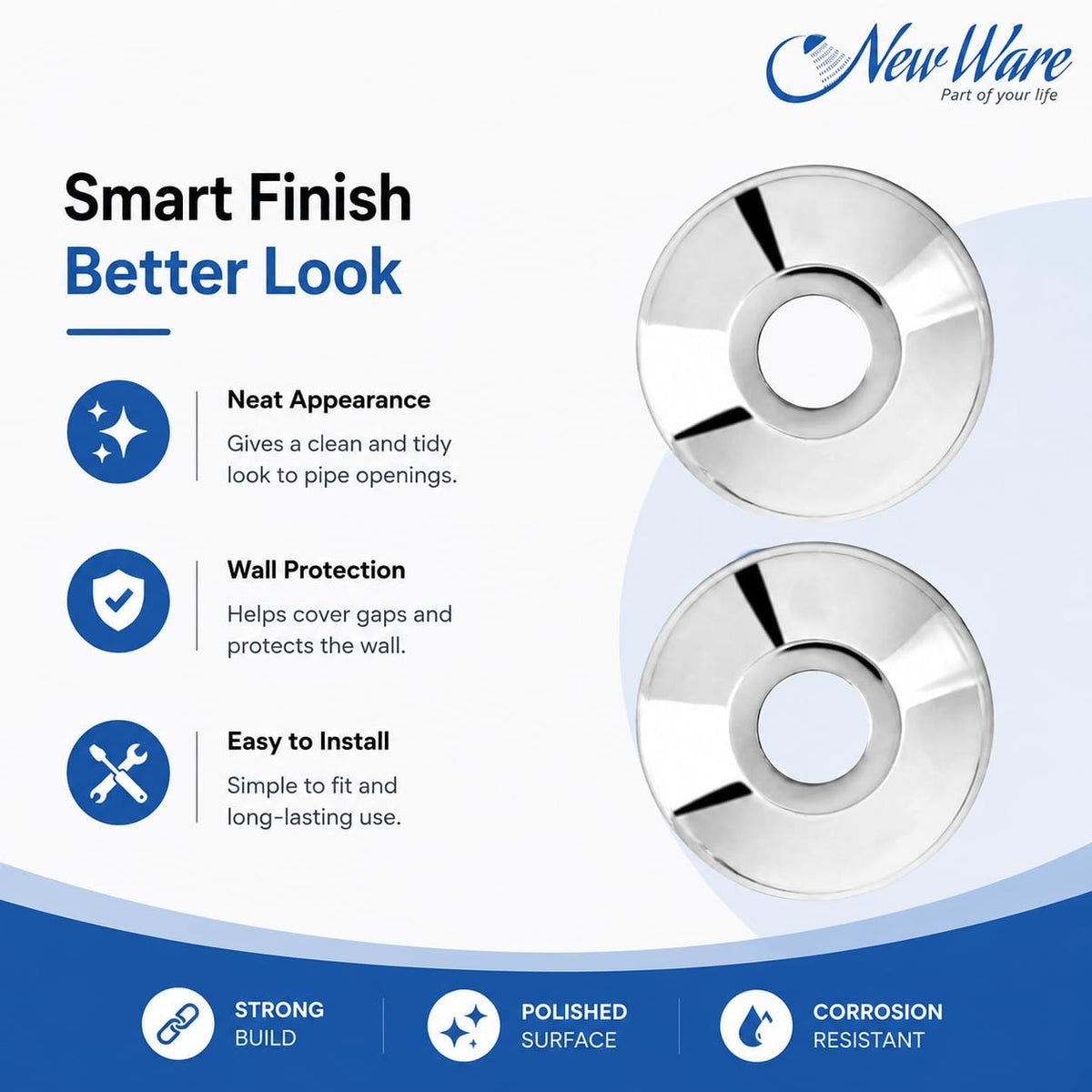 NEW WARE® Stainless Steel 202 Wall Flange 3/4 Inch | Chrome Plated Round Wall Plate for Bathroom Kitchen Tap Pipe Cover | Rust Proof Durable Wall Escutcheon Flange Cover Pack of 5 Set