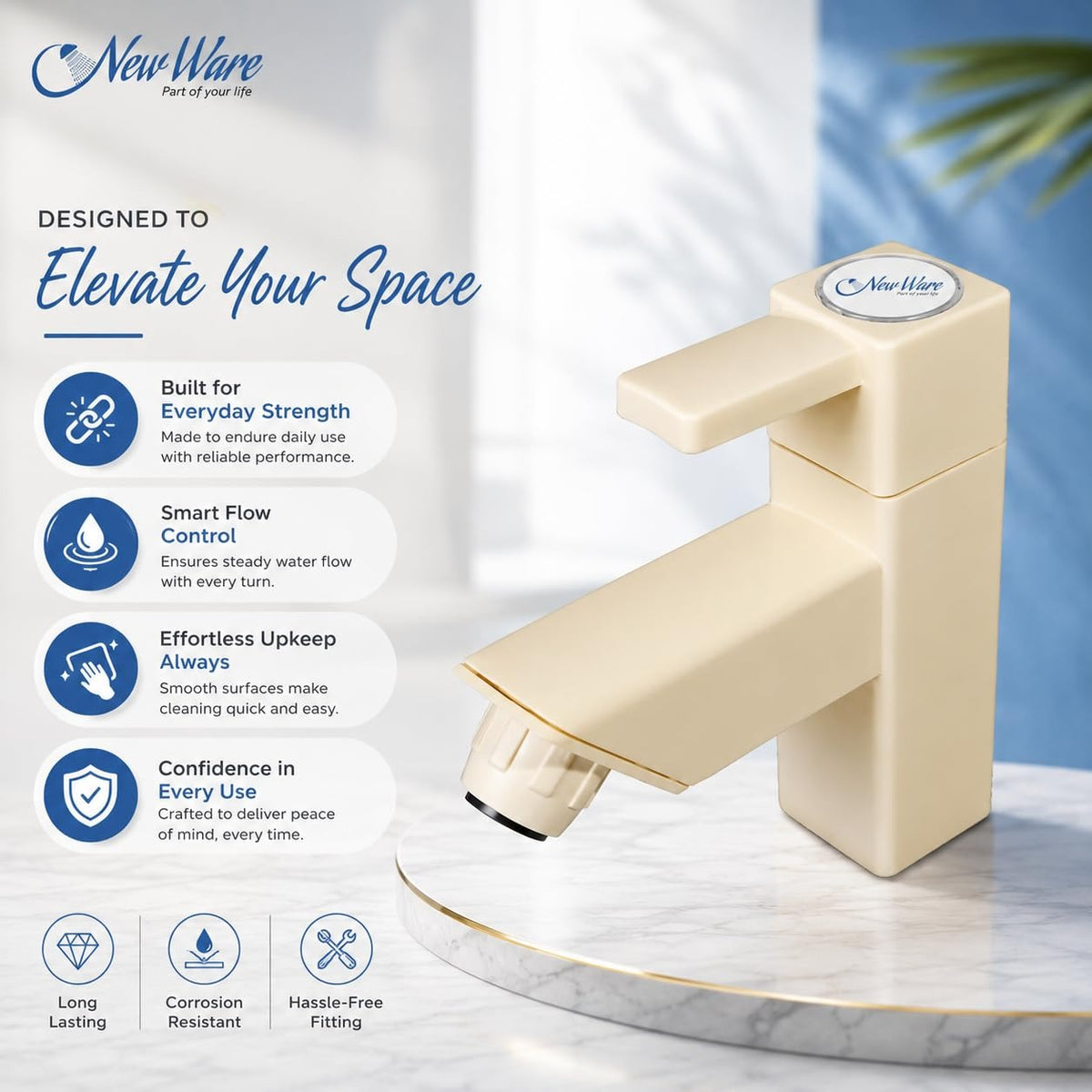 NEW WARE® PVC Pillar Tap Cock | Plastic Bib Cock with Foam Flow | Hot & Cold Water Faucet for Kitchen, Bathroom & Wash Basin | Durable Pillar Style Water Tap for Home Plumbing & Daily Household Use