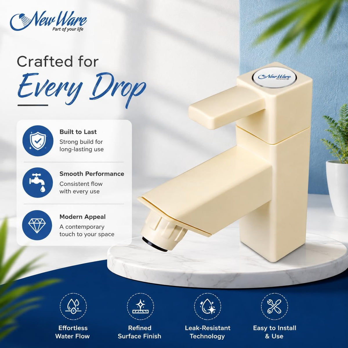 NEW WARE® PVC Pillar Tap Cock | Plastic Bib Cock with Foam Flow | Hot & Cold Water Faucet for Kitchen, Bathroom & Wash Basin | Durable Pillar Style Water Tap for Home Plumbing & Daily Household Use