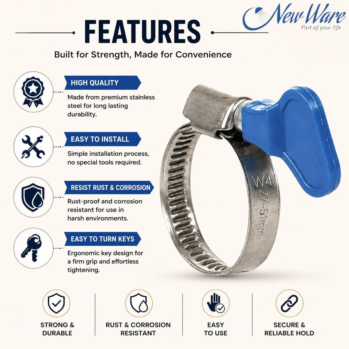 NEW WARE® Adjustable 3/4 Inch Stainless Steel Hose Clamp with Key (12–22mm) | Heavy Duty Pipe Clamp Worm Drive Fastener for Plumbing Automotive Mechanical Use | Rust Proof Strong Grip Pack of 10