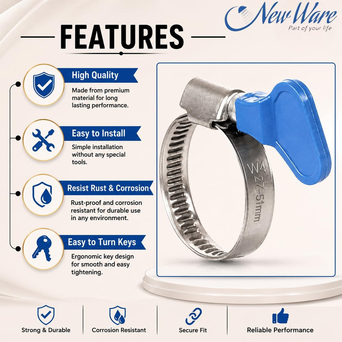 NEW WARE® Adjustable 3/4 Inch Stainless Steel Hose Clamp with Key (12–22mm) | Heavy Duty Pipe Clamp Worm Drive Fastener for Plumbing Automotive Mechanical Use | Rust Proof Strong Grip Pack of 10