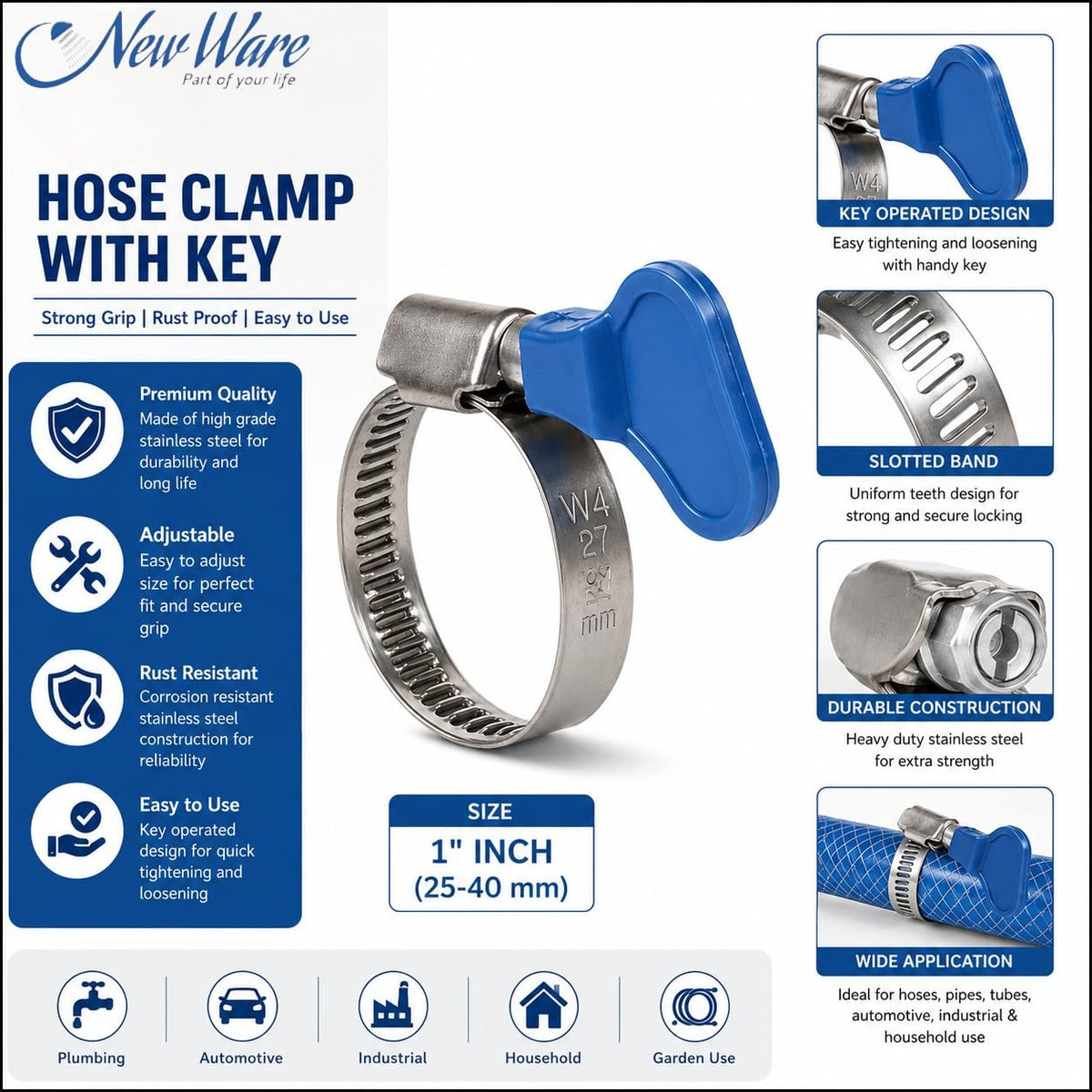 NEW WARE® Adjustable 3/4 Inch Stainless Steel Hose Clamp with Key (12–22mm) | Heavy Duty Pipe Clamp Worm Drive Fastener for Plumbing Automotive Mechanical Use | Rust Proof Strong Grip Pack of 10
