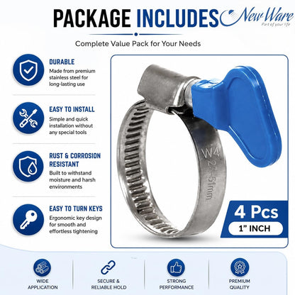 NEW WARE® Adjustable 3/4 Inch Stainless Steel Hose Clamp with Key (12–22mm) | Heavy Duty Pipe Clamp Worm Drive Fastener for Plumbing Automotive Mechanical Use | Rust Proof Strong Grip Pack of 10