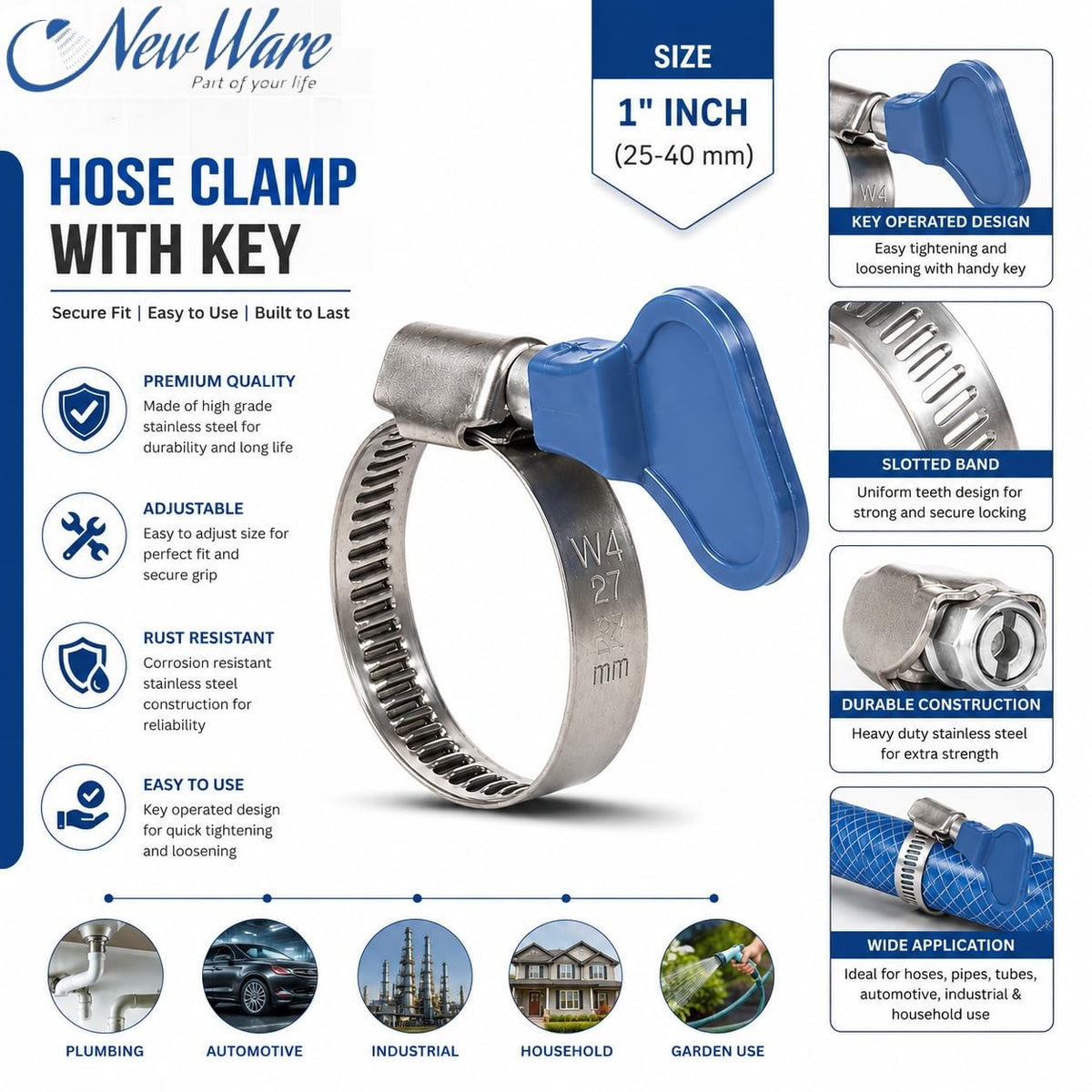 NEW WARE® Adjustable 3/4 Inch Stainless Steel Hose Clamp with Key (12–22mm) | Heavy Duty Pipe Clamp Worm Drive Fastener for Plumbing Automotive Mechanical Use | Rust Proof Strong Grip Pack of 10
