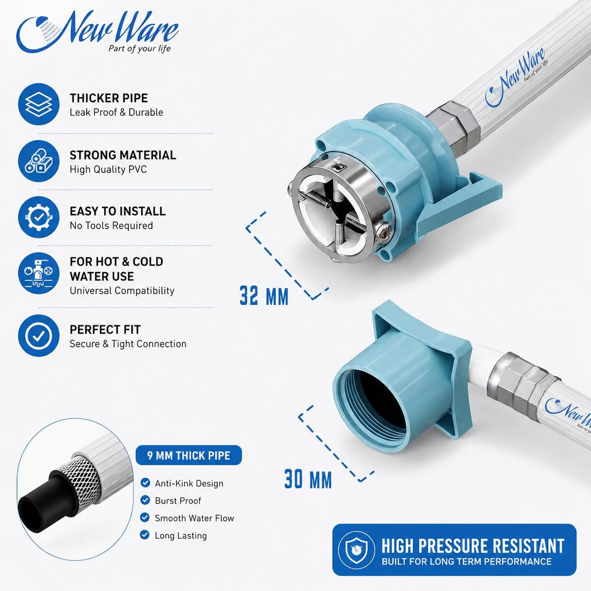 New Ware Washing Machine Inlet Hose Pipe 7 Meter PVC Water Fill Inflow Extension Tube with Connector for Top Load Front Load Fully Automatic Machine Leak Proof Durable White Heavy Duty Design