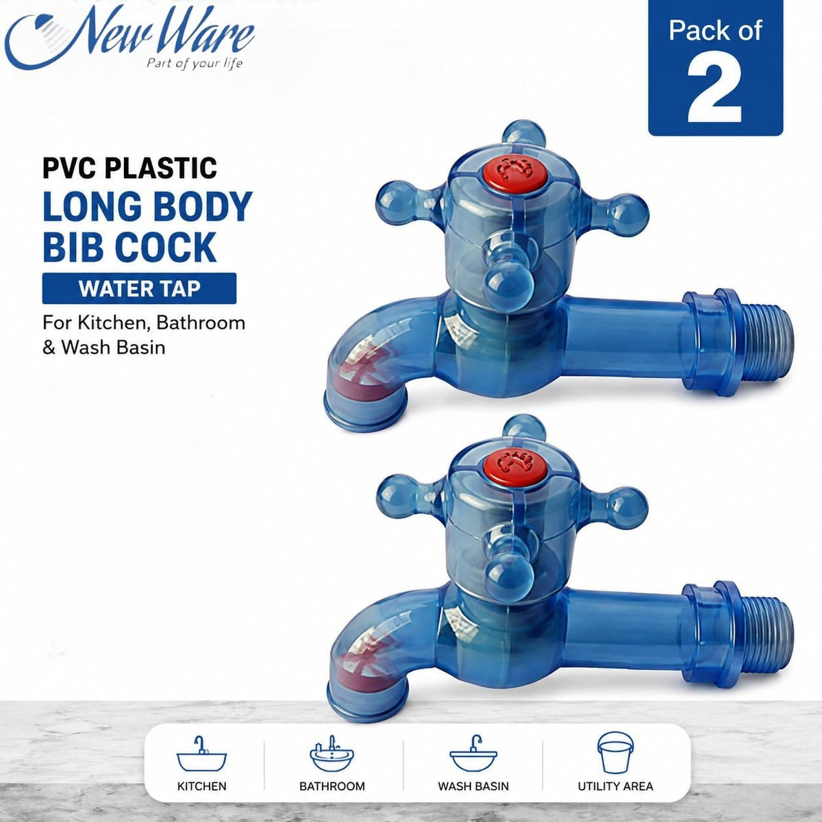NEW WARE® PVC Plastic Long Body Bib Cock Water Tap 1/2 Inch (15 mm) | Leak Resistant Heavy Duty Faucet for Kitchen, Bathroom & Wash Basin | Wall Mount Water Tap for Home, Utility Area | Pack of 2