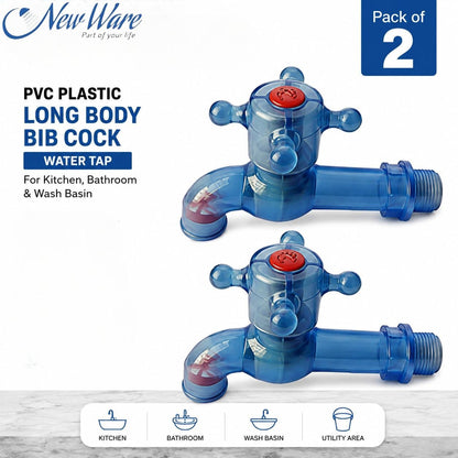 NEW WARE® PVC Plastic Long Body Bib Cock Water Tap 1/2 Inch (15 mm) | Leak Resistant Heavy Duty Faucet for Kitchen, Bathroom & Wash Basin | Wall Mount Water Tap for Home, Utility Area | Pack of 2