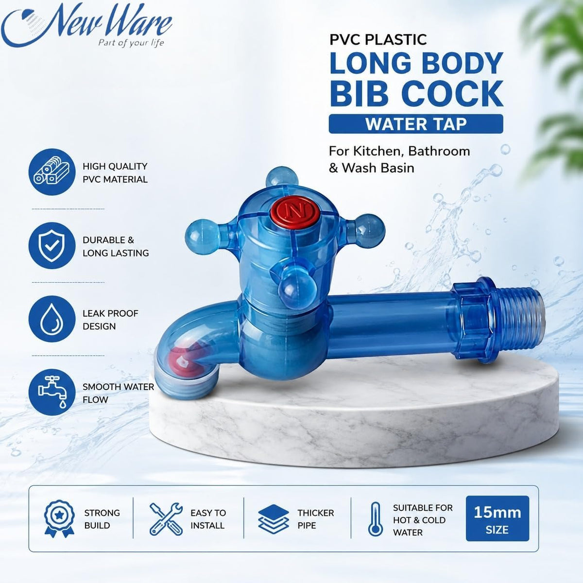 NEW WARE® PVC Plastic Long Body Bib Cock Water Tap 1/2 Inch (15 mm) | Leak Resistant Heavy Duty Faucet for Kitchen, Bathroom & Wash Basin | Wall Mount Water Tap for Home, Utility Area | Pack of 2