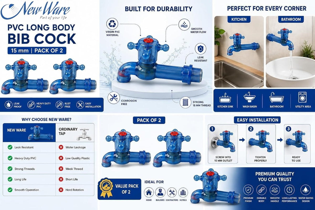 NEW WARE® PVC Plastic Long Body Bib Cock Water Tap 1/2 Inch (15 mm) | Leak Resistant Heavy Duty Faucet for Kitchen, Bathroom & Wash Basin | Wall Mount Water Tap for Home, Utility Area | Pack of 2