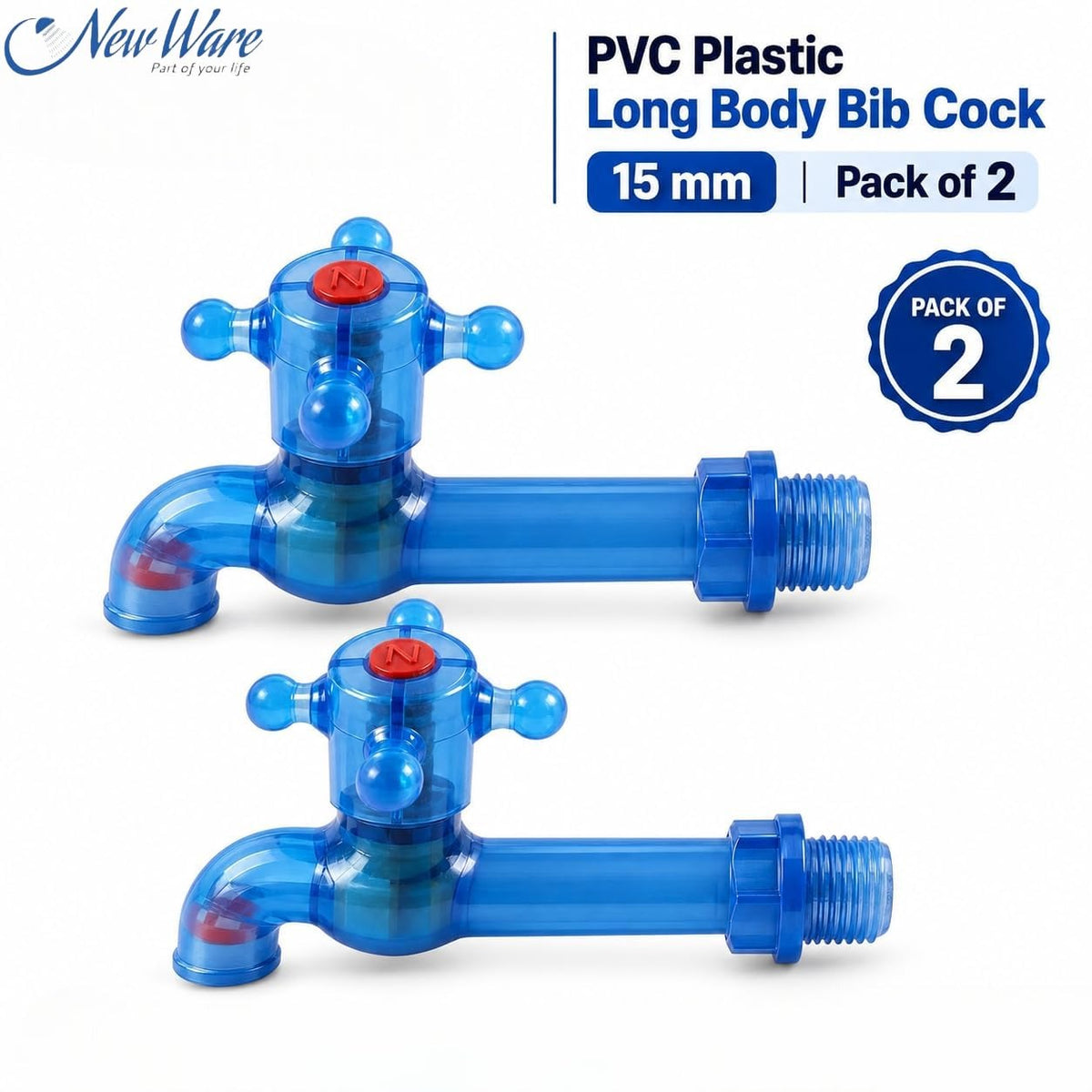 NEW WARE® PVC Plastic Long Body Bib Cock Water Tap 1/2 Inch (15 mm) | Leak Resistant Heavy Duty Faucet for Kitchen, Bathroom & Wash Basin | Wall Mount Water Tap for Home, Utility Area | Pack of 2