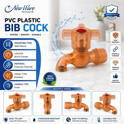 NEW WARE® PVC Plastic Bib Cock Water Tap 1/2 Inch (15 mm) | Hot & Cold Water Faucet for Kitchen, Bathroom & Wash Basin | Leak Resistant Durable Plastic Tap for Home, Garden & Utility Area | Pack of 2