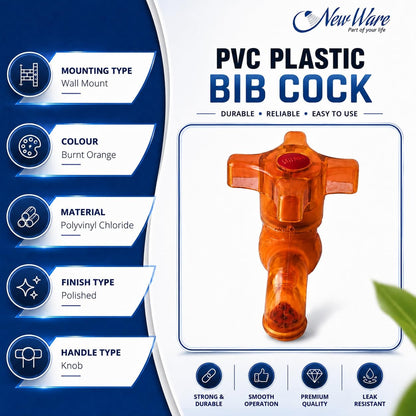 NEW WARE® PVC Plastic Bib Cock Water Tap 1/2 Inch (15 mm) | Hot & Cold Water Faucet for Kitchen, Bathroom & Wash Basin | Leak Resistant Durable Plastic Tap for Home, Garden & Utility Area | Pack of 2
