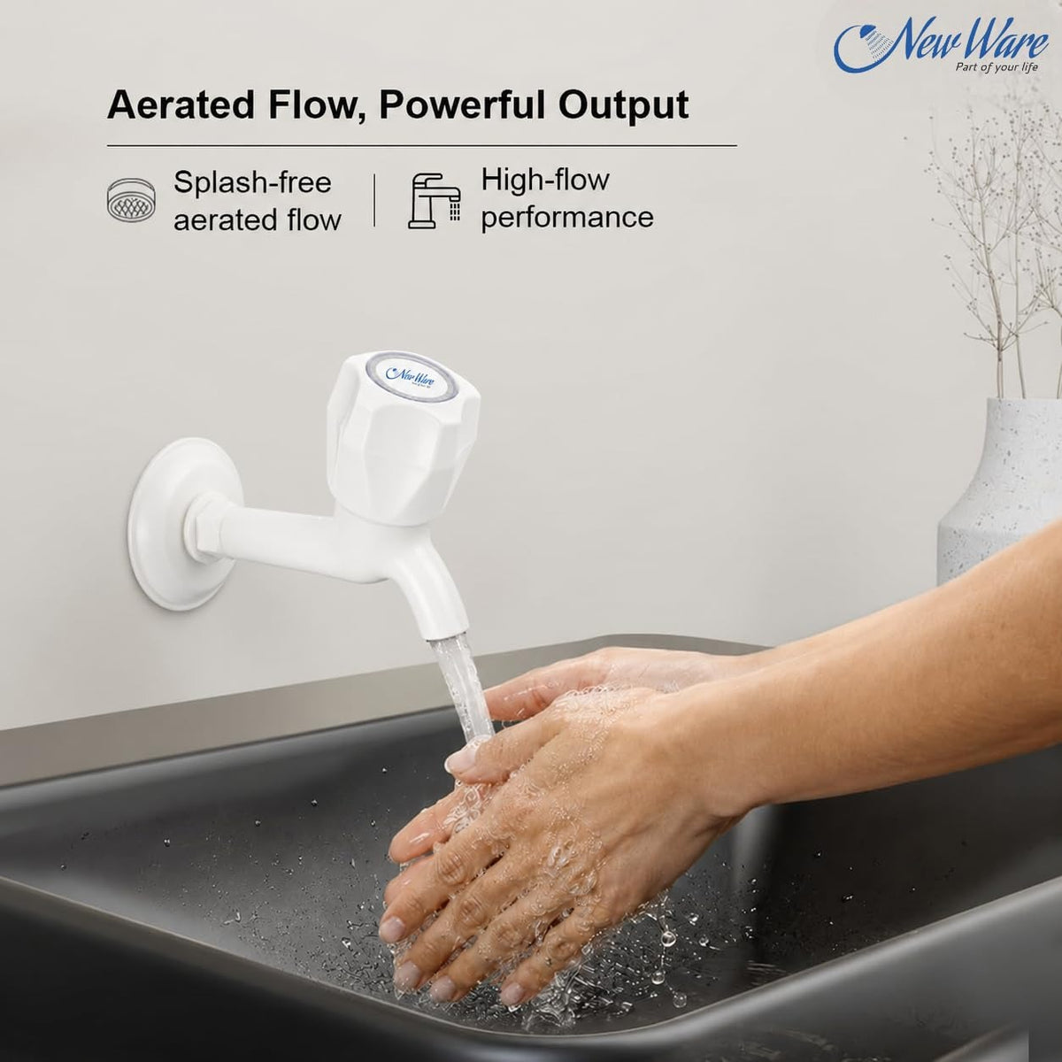 NEW WARE® 1/2 Inch PTMT Long Body Bib Cock Water Tap | Durable PVC Bib Tap for Kitchen, Bathroom & Wash Basin | Rust-Free Wall Mounted Faucet | Water Supply Tap for Home Plumbing & Utility Areas