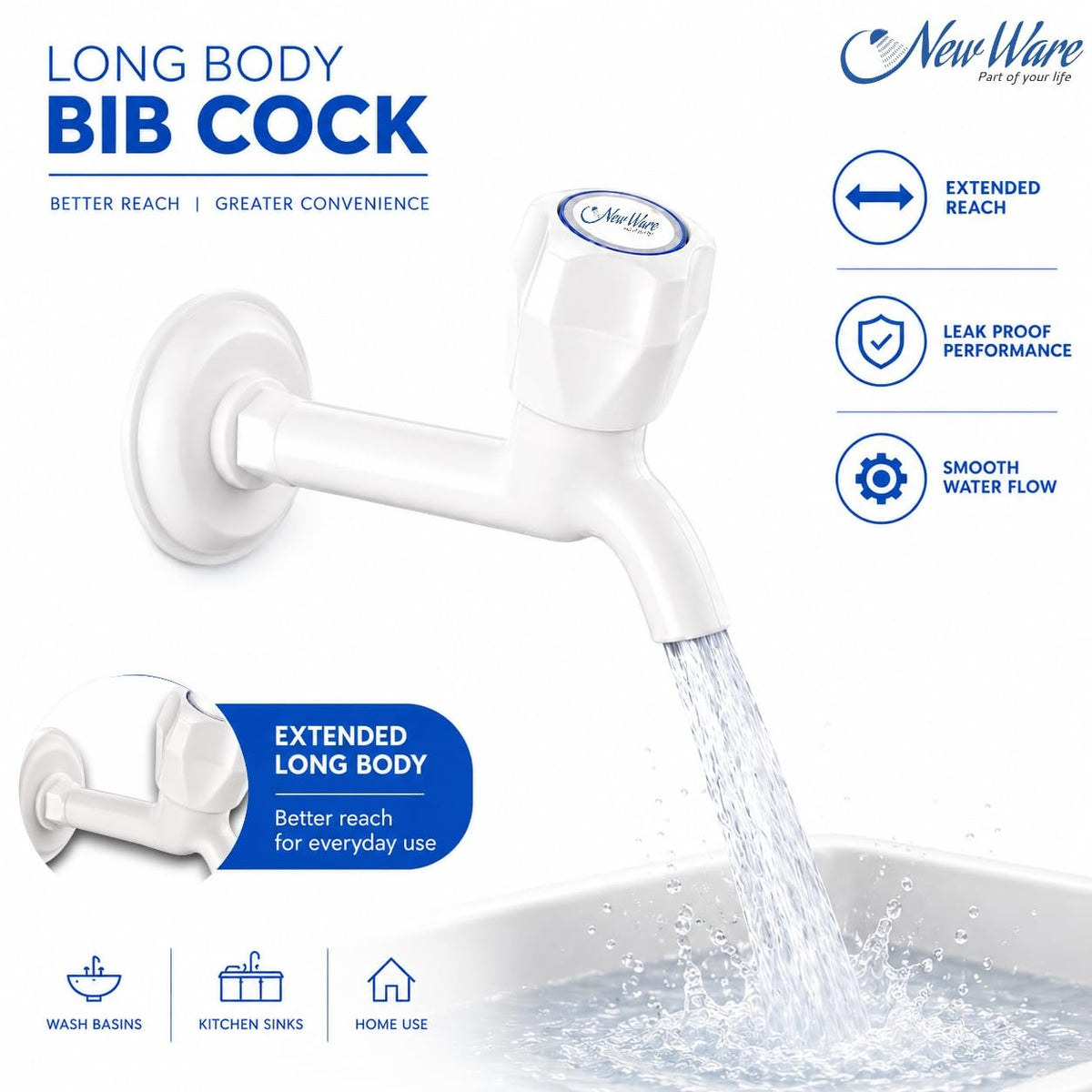 NEW WARE® 1/2 Inch PTMT Long Body Bib Cock Water Tap | Durable PVC Bib Tap for Kitchen, Bathroom & Wash Basin | Rust-Free Wall Mounted Faucet | Water Supply Tap for Home Plumbing & Utility Areas