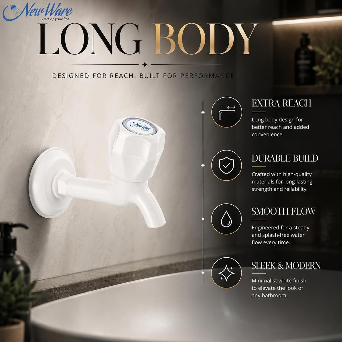 NEW WARE® 1/2 Inch PTMT Long Body Bib Cock Water Tap | Durable PVC Bib Tap for Kitchen, Bathroom & Wash Basin | Rust-Free Wall Mounted Faucet | Water Supply Tap for Home Plumbing & Utility Areas