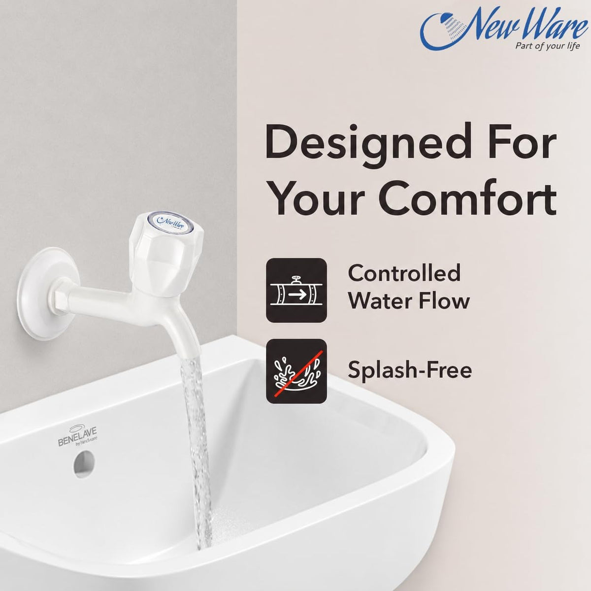 NEW WARE® 1/2 Inch PTMT Long Body Bib Cock Water Tap | Durable PVC Bib Tap for Kitchen, Bathroom & Wash Basin | Rust-Free Wall Mounted Faucet | Water Supply Tap for Home Plumbing & Utility Areas
