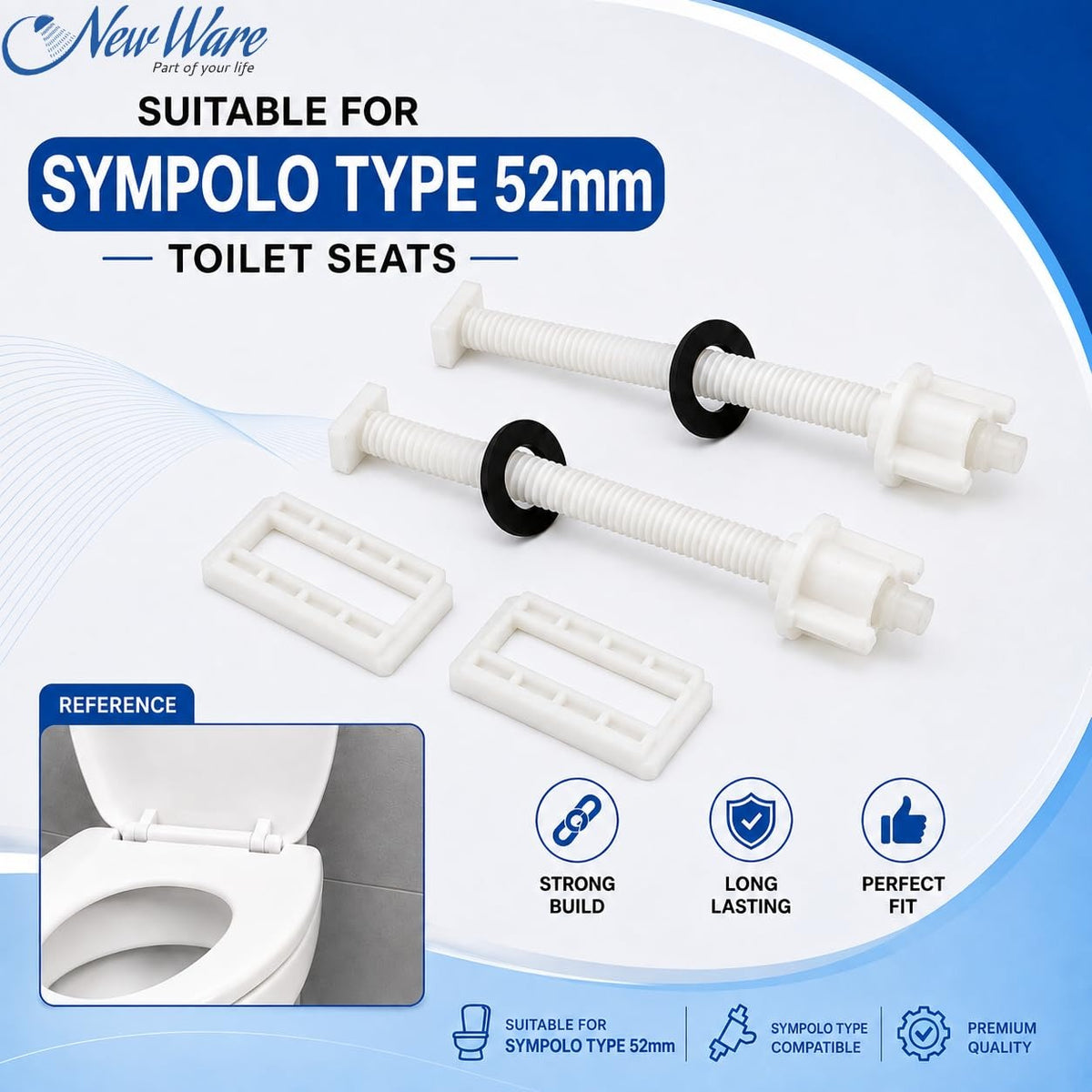 NEW WARE® Soft Closing Toilet Seat Cover Hinges Set 52mm for Jaquar & Sympolo Type | Slow Close Mechanism | Durable Rust Free Plastic Replacement Fittings for Western Toilet Seats White Universal Fit