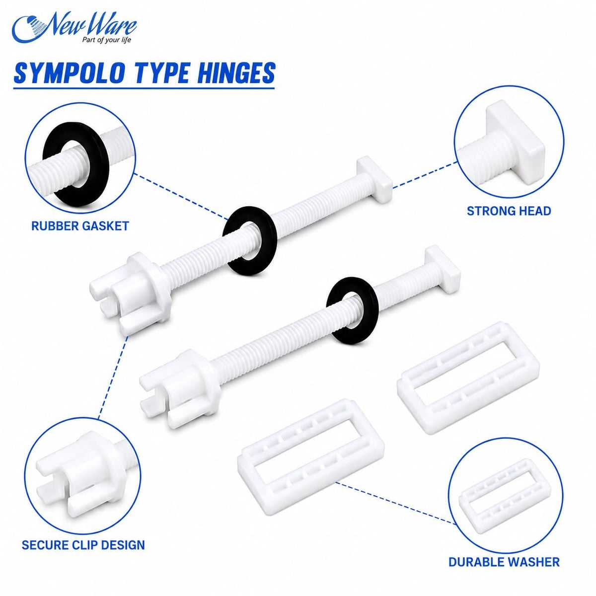 NEW WARE® Soft Closing Toilet Seat Cover Hinges Set 52mm for Jaquar & Sympolo Type | Slow Close Mechanism | Durable Rust Free Plastic Replacement Fittings for Western Toilet Seats White Universal Fit